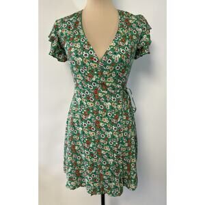 Boho Kelly Green Floral Wrap Sun Dress Mini XS Ruffle Sleeve Western Cowgirl